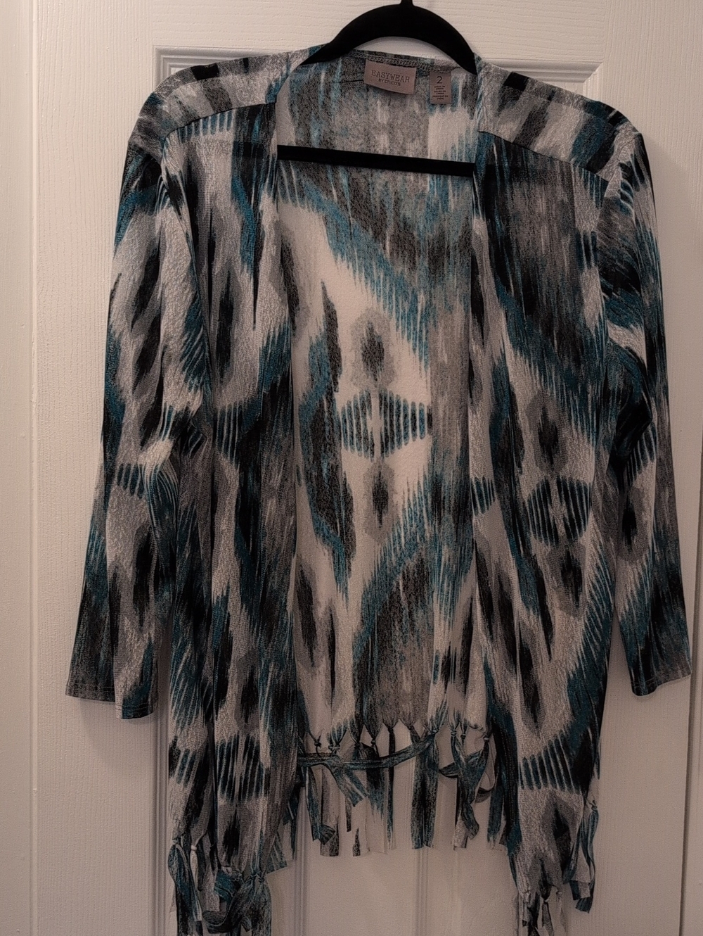 Chico's Teal, Black & White Fringe Open-Front Cardigan